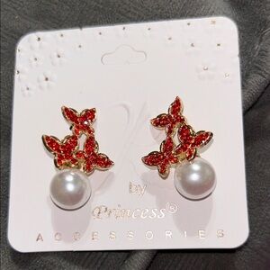 Red Floral Pearl Earrings